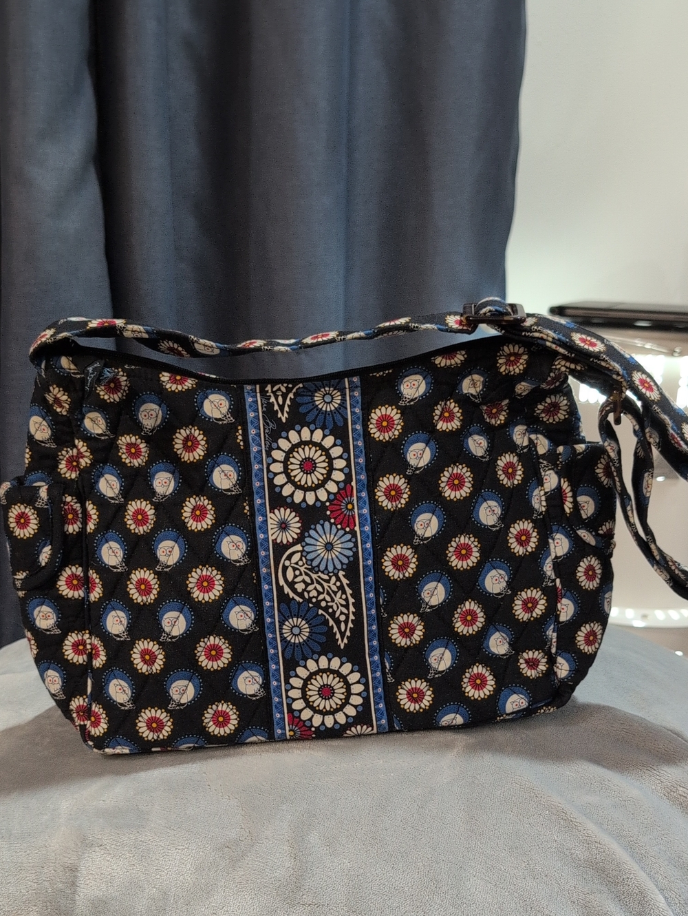 Vera Bradley Black Floral Quilted Shoulder Bag with Blue Accents